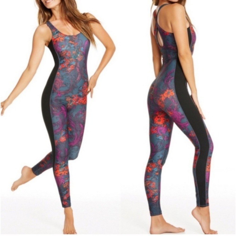 Fabletics Floral Print One-Piece Jumpsuit in Black, Purple, Pink and Orange